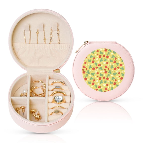 Naloa Floral Strawberr Round Jewelry Box, Travel Jewelry Organizer, 3.9 x 3.9 x 2in Jewelry Storage Box for Women-Pink
