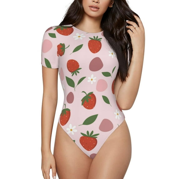 Naloa Floral Strawberr Women's Short-Sleeved Onesie, One-Piece Swimsuit for Parties, dates, clubs - Medium