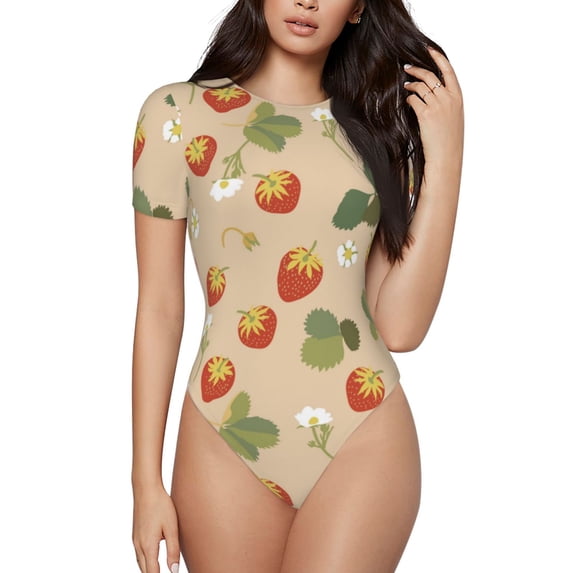 Naloa Floral Strawberr Women's Short-Sleeved Onesie, One-Piece Swimsuit for Parties, dates, clubs - Small