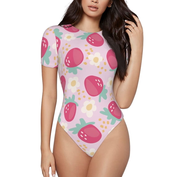 Naloa Floral Strawberr Women's Short-Sleeved Onesie, One-Piece Swimsuit for Parties, dates, clubs - Small