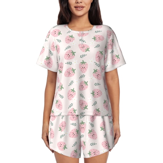 Naloa Floral Strawberr Women's Short-Sleeved Pajama Set, Loungewear, Summer pajamas, Breathable Cozy - 3X-Large
