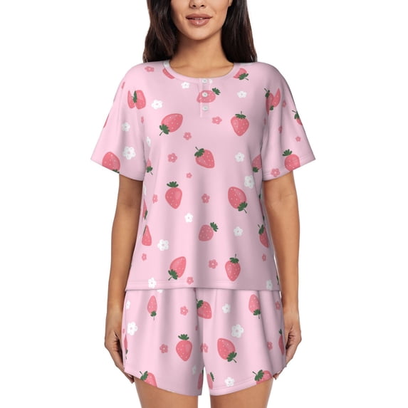 Naloa Floral Strawberr Women's Short-Sleeved Pajama Set, Loungewear, Summer pajamas, Breathable Cozy - Medium