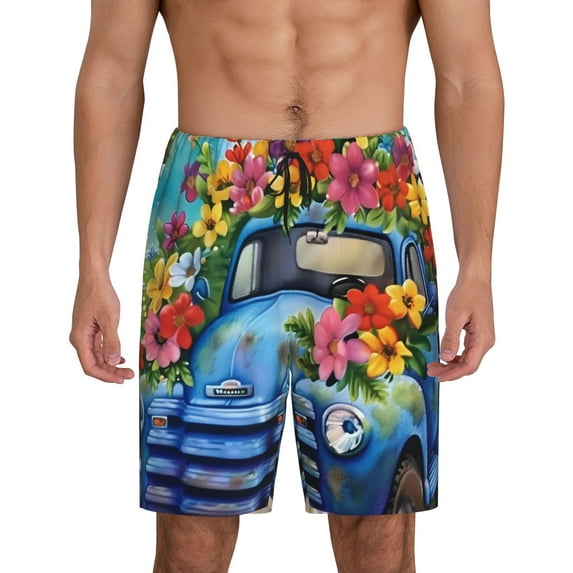 Naloa Floral Truck Welcome Men's Short Pajama Pants, Pj Shorts, Lounge Comfort Shorts-4X-Large