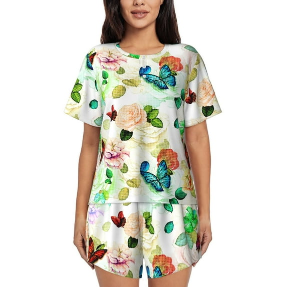 Naloa Floral Vintage Women's Short-Sleeved Pajama Set, Loungewear, Summer pajamas, Breathable Cozy - Medium