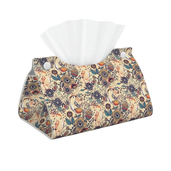 Naloa Floral With Birds Print Leather Tissue Box Cover Rectangle | Long Tissue Box Cover | Tissue Box Holder | Tissue Holder for Bathroom