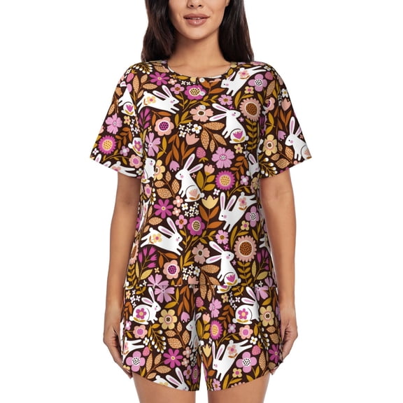 Naloa Flower Bunny Women's Short-Sleeved Pajama Set, Loungewear, Summer pajamas, Breathable Cozy - Small