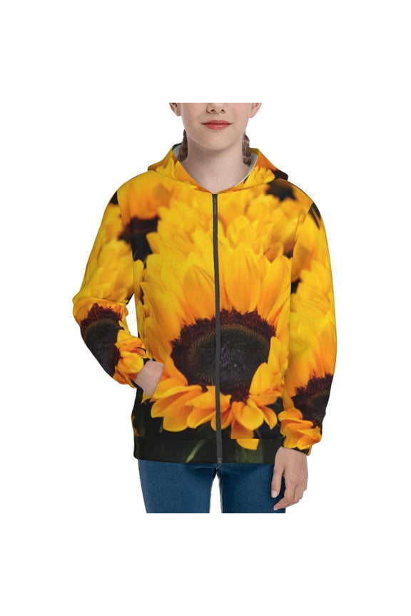 Flower Bush Sunflower Teenage Zipper Hoodie, Long Sleeve Zip Up Hoodies Casual Jackets Tops for 7-12 Years-Small