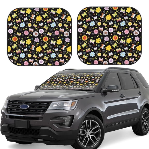 Naloa Flower Butterfly Print 2-Piece Windshield Sunshade,Foldable Car Front Window Sun Shades,for Most Sedans SUV Truck-Medium