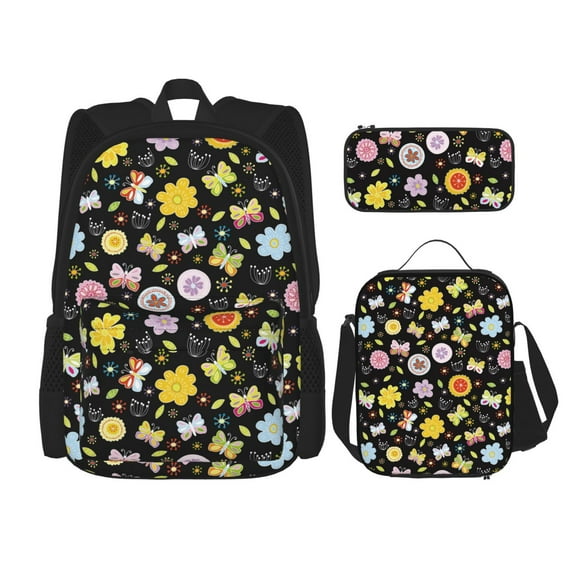 Naloa Flower Butterfly Print Large Capacity Backpack Lunch Bag Pencil Case Combination 3 Piece Set for Student