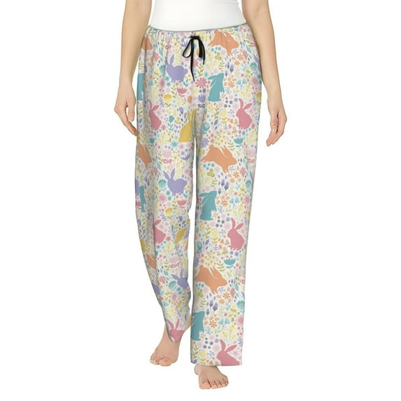 Naloa Flower Color Rabbit Print Women’s Ultra-Soft Comfy Pajama Lounge Pants with Pockets & Drawstring