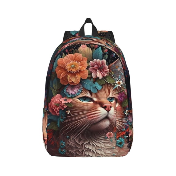 Naloa Flower Crown Cat Canvas Backpack for Men Women Rucksack Casual Travel Daypack College Tote Satchel Bookbag for Teens-Small