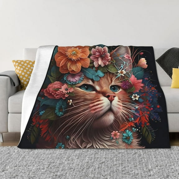Naloa Flower Crown Cat Flannel Blankets - Thick and Warm Blanket for Winter, Soft Fuzzy Plush King Blanket for All Seasons40"x30"