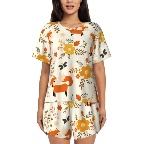 Naloa Flower Fox Women's Short-Sleeved Pajama Set, Loungewear, Summer pajamas, Breathable Cozy - X-Large