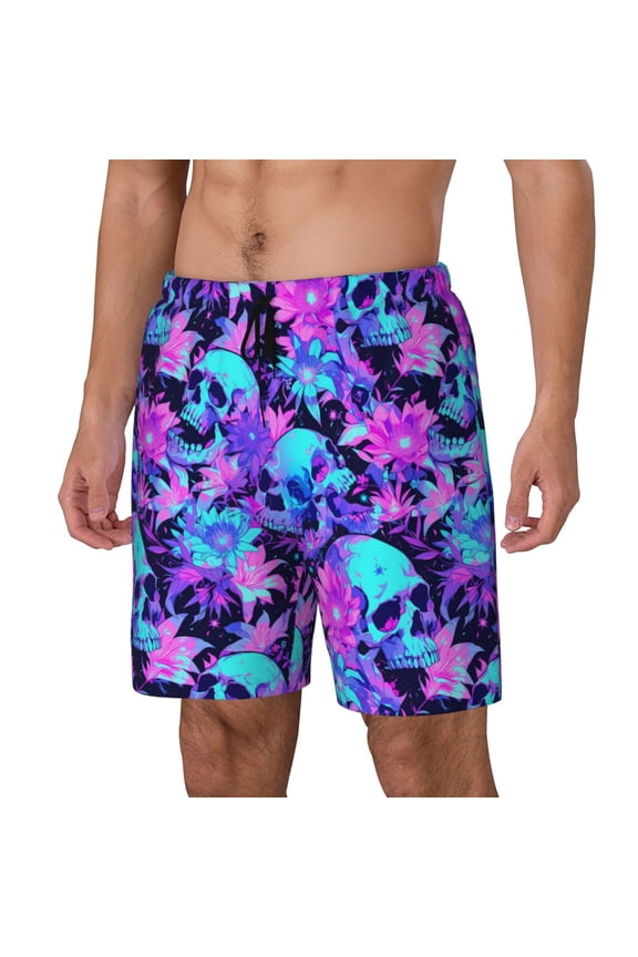 Flower Happy Skull Print Men Swim Trunks with Compression Liner ,Board Shorts,Men's Swim Shorts with Drawstring and Elastic Waistband-Medium