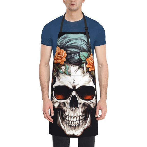 Naloa Flower Horn Skull Apron Kitchen Aprons with Pockets for Women Men Chef