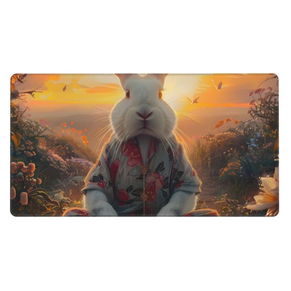 Naloa Flower Meditating Rabbit Gaming Mouse Pad Large Mouse Mat Long Extended Desk Pad Non-Slip Rubber Mice Pads Stitched Edges Thin Pad (16x29.5 Inch)