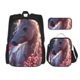 thumbnail image 1 of Naloa Flower White Horse Print Large Capacity Backpack Lunch Bag Pencil Case Combination 3 Piece Set for Student, 1 of 8