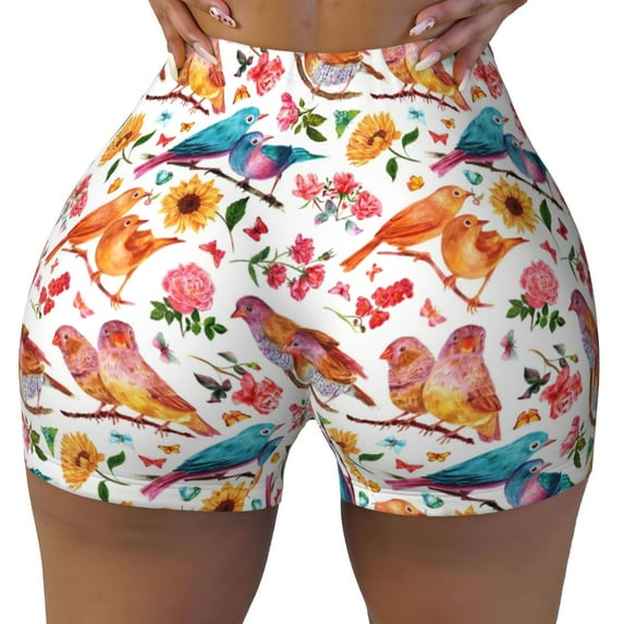 Naloa Flowers Birds And Butterflies Biker Shorts for Women Seamless Scrunch Short Women’s Yoga Shorts for Gym Running Sport Shorts - Small