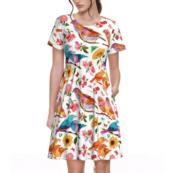 Naloa Flowers Birds And Butterflies Print Womens Summer A-Line Dress with Pockets,Short Sleeve Dresses,Flowy Beach Swing Dress for Vacation Travel