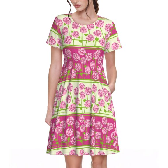 Naloa Flowers Print Womens Summer A-Line Dress with Pockets,Short Sleeve Dresses,Flowy Beach Swing Dress for Vacation Travel