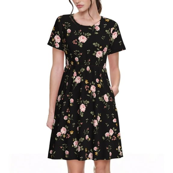 Naloa Flowers Print Womens Summer A-Line Dress with Pockets,Short Sleeve Dresses,Flowy Beach Swing Dress for Vacation Travel