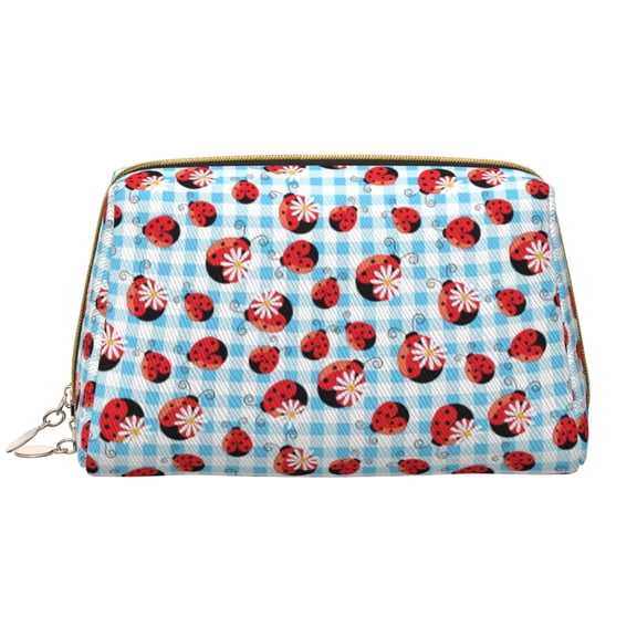 Naloa Flowers and Lady Bugs Leather Makeup Bag for Purse Travel, Portable Small Cosmetic Organizer for Women and Girls, Make up Bag with Zipper