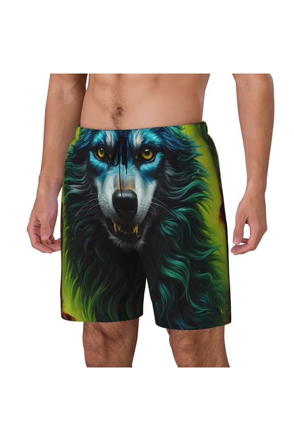 Fluorescent Wolf Print Men Swim Trunks with Compression Liner ,Board Shorts,Men's Swim Shorts with Drawstring and Elastic Waistband-Small