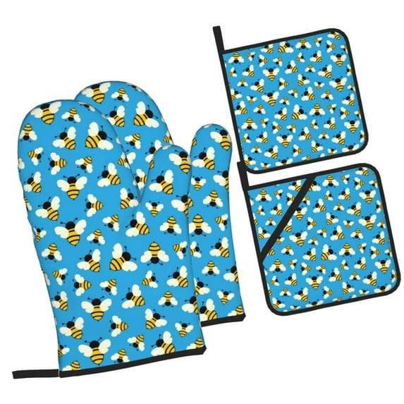 Naloa Flying Bees Oven Mitts and Pot Holders 4 pcs Set, Cooking Baking Grilling Kitchen Oven Glove for Cooking