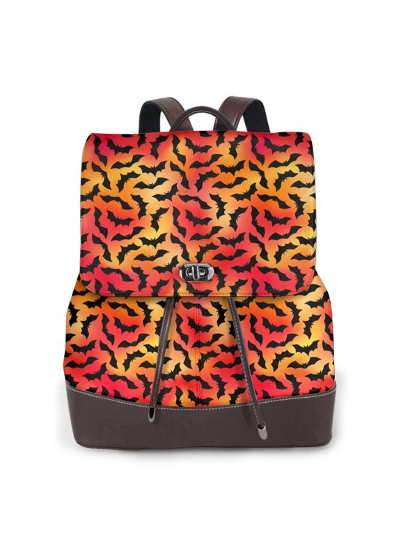 Flying Black Bat Print Women's Leather Backpack,Travel Laptop Backpack,Fashion Ladies Leather Backpack Bag for Travel,Leather Drawstring Daypack for Me