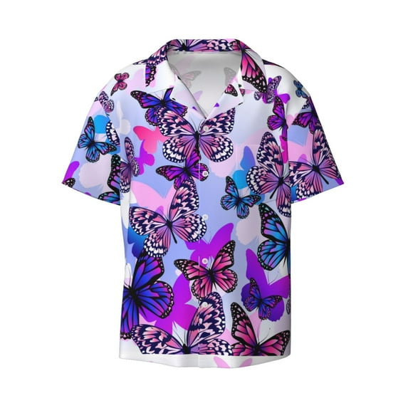 Naloa Flying Butterflies Men's Loose Fit Cuban Collar Short-Sleeve Shirt with Button-down and Chest Pocket for Everyday Wear Outings - 3X-Large
