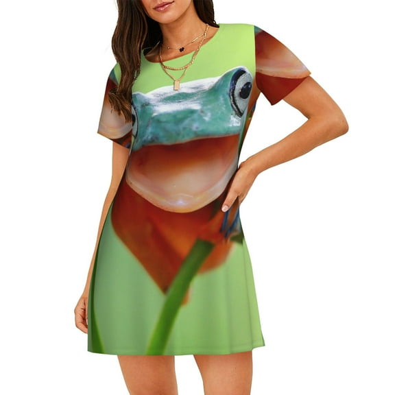 Naloa Flying Frog On Branch Print Women Nightgowns,Womens Loungewear,Short Sleeve Sleepwear,Comfy Ladies Nightdress