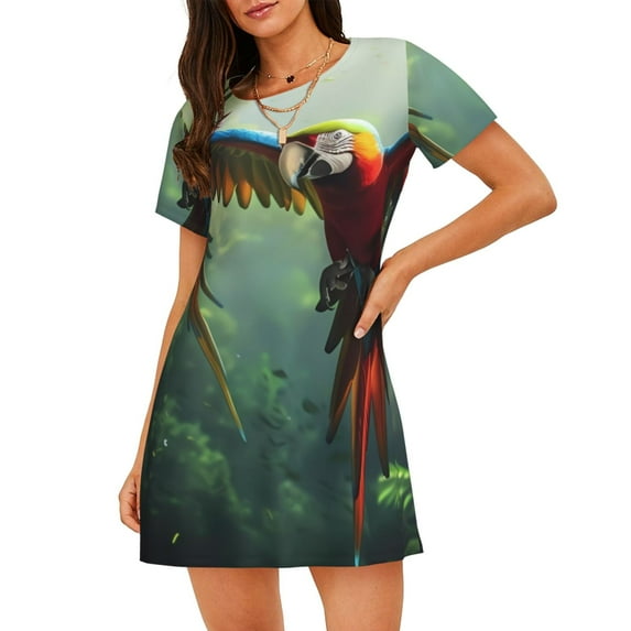 Naloa Flying Parrots In Jungle Print Women Nightgowns,Womens Loungewear,Short Sleeve Sleepwear,Comfy Ladies Nightdress