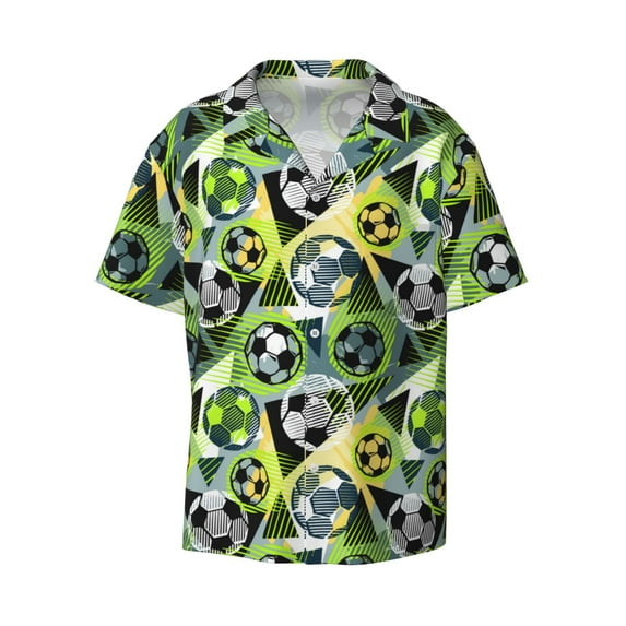 Naloa Football Doodle Men's Loose Fit Cuban Collar Short-Sleeve Shirt with Button-down and Chest Pocket for Everyday Wear Outings - Small