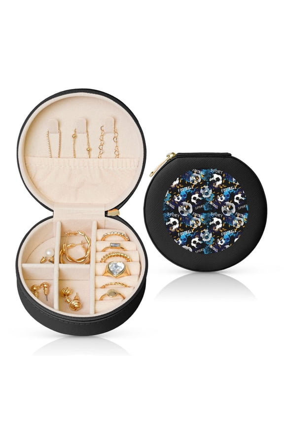 Football Round Jewelry Box, Travel Jewelry Organizer, 3.9 x 3.9 x 2in Jewelry Storage Box for Women-Black