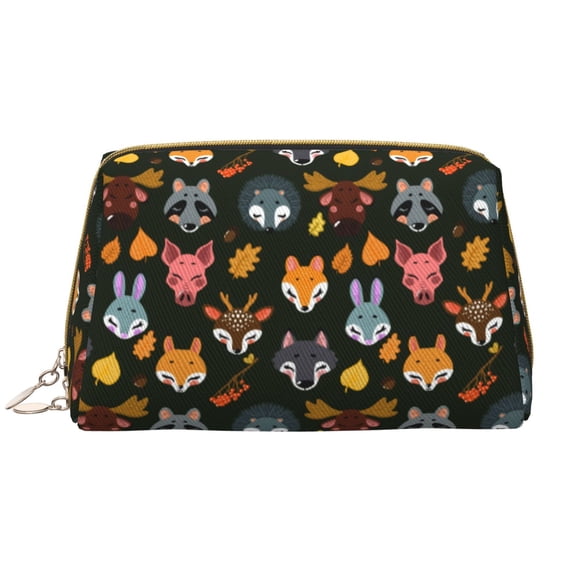 Naloa Forest Animal Faces Leather Makeup Bag for Purse Travel, Portable Small Cosmetic Organizer for Women and Girls, Make up Bag with Zipper