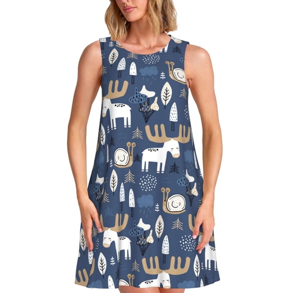 Naloa Forest Elk Print Women's Summer Spring Casual Beach Sundress,Vacation Sleeveless Tank Crewneck Loose Dresses