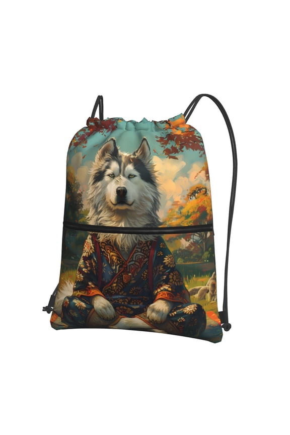 Forest Maple Leaf Husky Drawstring Backpack String Bag Cinch Water Resistant for Gym Shopping Sport Yoga