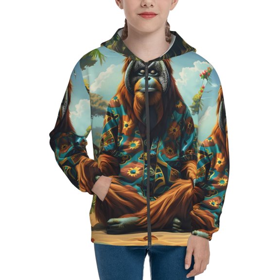 Naloa Forest Meditating Gorilla Teenage Zipper Hoodie, Long Sleeve Zip Up Hoodies Casual Jackets Tops for 7-12 Years-Medium