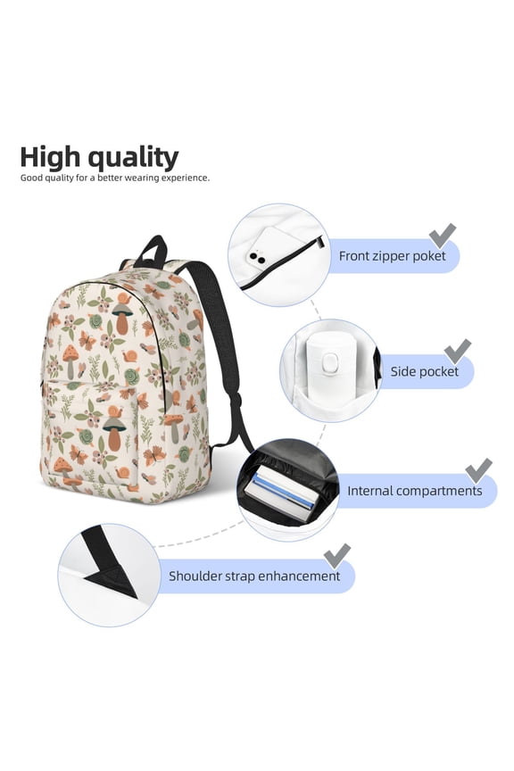 Forest Mushrooms Insects Print Durable Canvas College Rucksack,Laptop Excursion Backpack,Travel Notebook School Backpack,Bookbag For Men Women