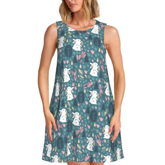 Naloa Forest Rabbit Print Women's Summer Spring Casual Beach Sundress,Vacation Sleeveless Tank Crewneck Loose Dresses