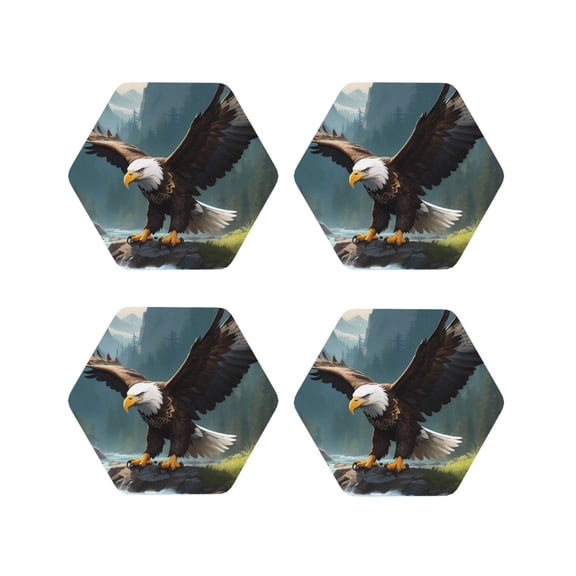 Naloa Forest River Bald Eagle Leather Coasters for Drinks, Durable Drink Coasters 4 Set for Tabletop Protection, Luxurious Home Décor and Housewarming Gift ( {designName})Hexagon