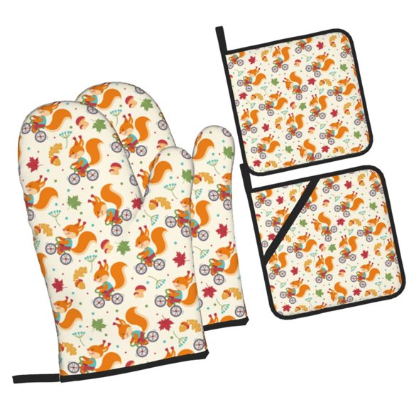 Naloa Forest Squirrel Oven Mitts and Pot Holders 4 pcs Set, Cooking Baking Grilling Kitchen Oven Glove for Cooking