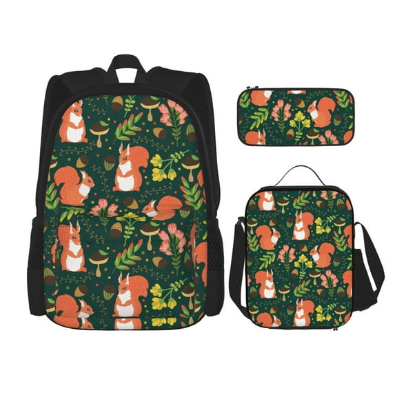 Naloa Forest Squirrel Print Large Capacity Backpack Lunch Bag Pencil Case Combination 3 Piece Set for Student
