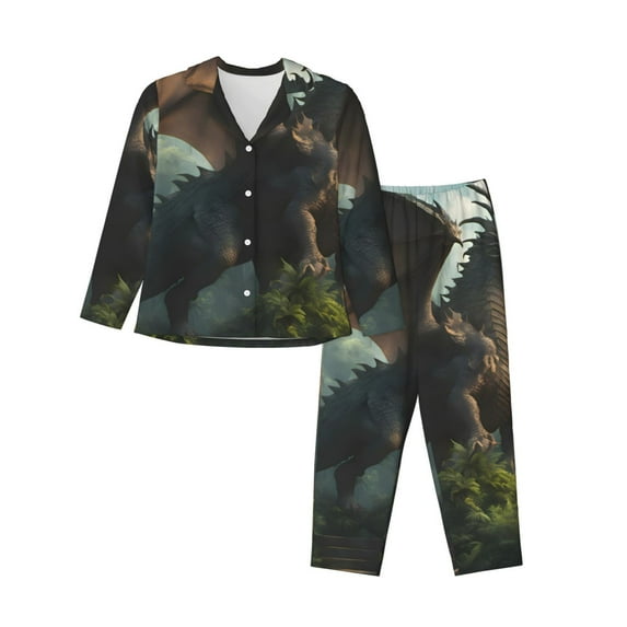 Naloa Forest Stone-Colored Dragon Pajamas for Women Set, Womens Pajama Sets, Lounge Sets for Women, 2pjs for Women-Large