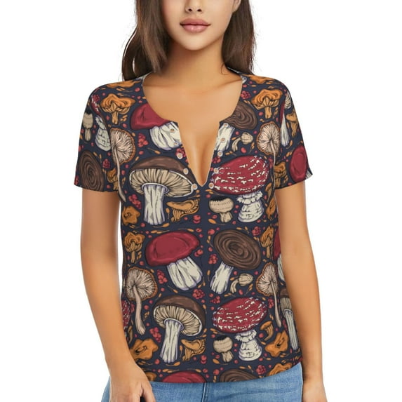 Naloa Forest Wild Mushroom Print T-Shirts Short Sleeve V Neck Tees for Women Fashion Tops Trendy Lightweight Soft Casual Summer Outfits Clothes