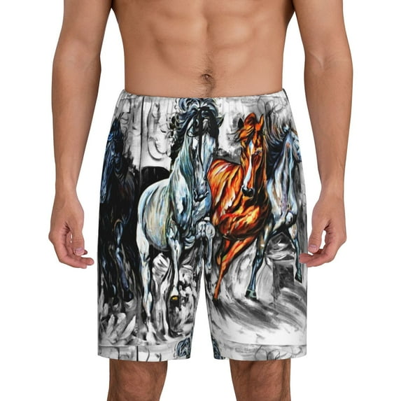 Naloa Four Running Horses Men's Short Pajama Pants, Lounge Comfort Shorts with Elasticized Waistband and Side Pockets - Medium