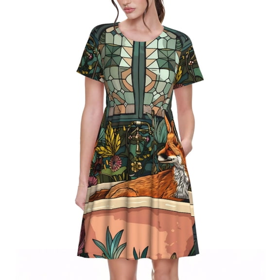 Naloa Fox Bathtub Floral Art Print Womens Summer A-Line Dress with Pockets,Short Sleeve Dresses,Flowy Beach Swing Dress for Vacation Travel