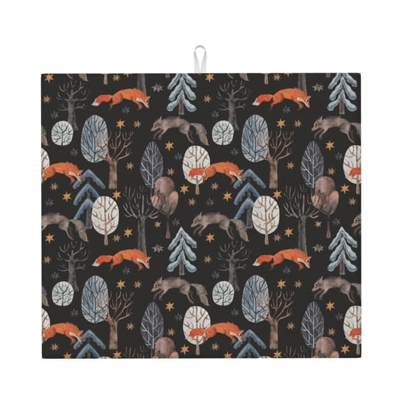 Naloa Fox In The Forest Dish Drying Mat for Kitchen Counter, Heat Resistant Drainer Mats, Absorbent Draining Mat,Dish Rack Pad,16"x18"