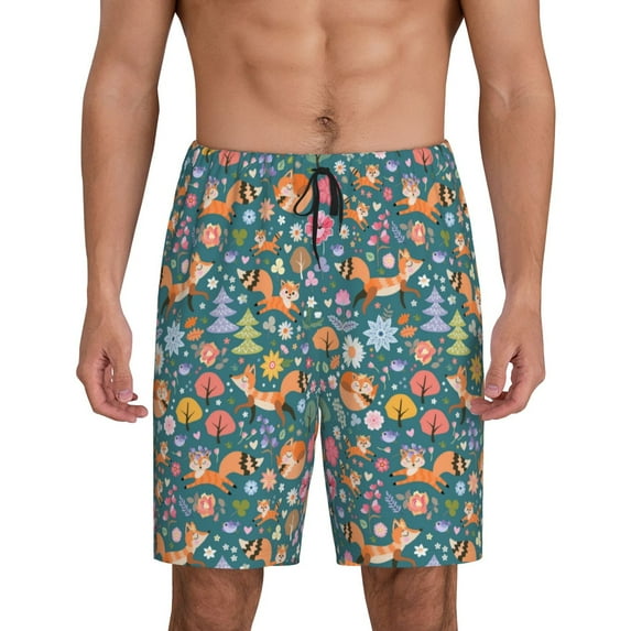 Naloa Foxes and Birds in Forest Men's Short Pajama Pants, Lounge Comfort Shorts with Elasticized Waistband and Side Pockets - X-Large