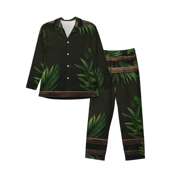 Naloa Framed Greenery Wall Art Men’s Pajamas Set - Long Sleeve Button Down Sleep Shirt and Pajama Bottoms Sleepwear Set-Small